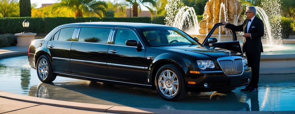 A sleek black limousine pulls up to a luxurious fountain in Fountain Hills, Arizona. The water glistens in the sunlight as the chauffeur opens the door for a distinguished passenger